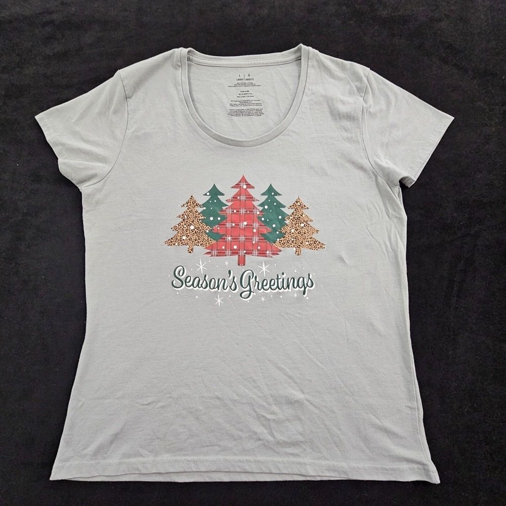 Season's Greetings Christmas Trees Gray Short Sleeve T-Shirt Women's L